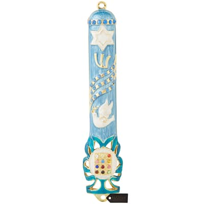 Matashi Hand Painted 5.7" Blue Dove Mezuzah Embellished with Gold Accents and a Star of David with High Quality Crystals