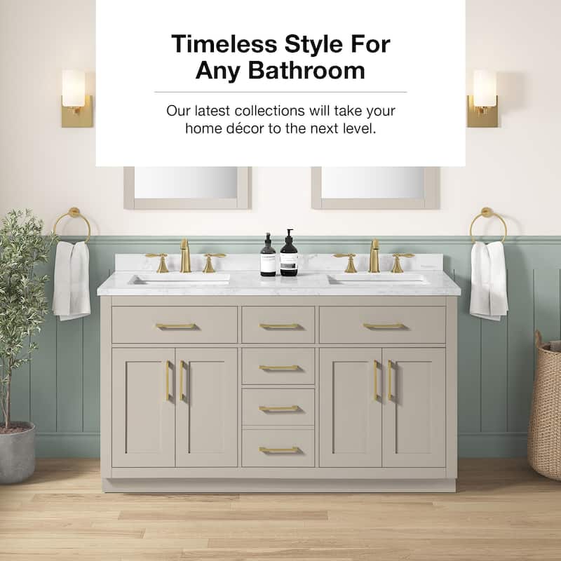 Athea Bathroom Vanity with White Engineered Marble Top - 60" - Greige with Brushed Gold Hardware
