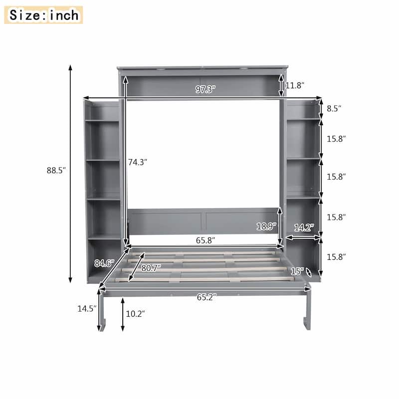 Queen Size Murphy Bed with Shelves and LED Lights