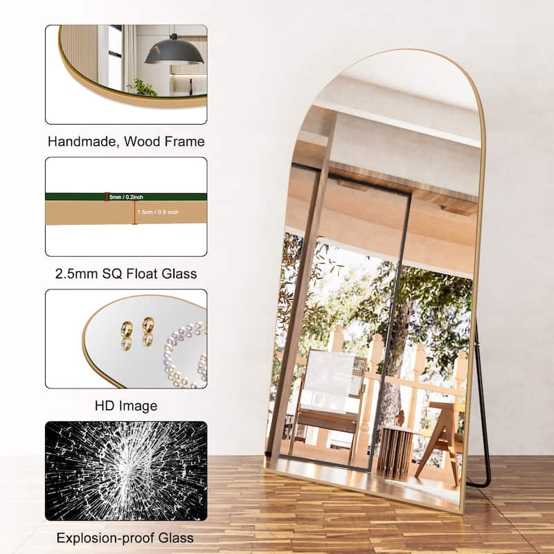 Classic Wood Arched Full Length Mirror with Stand, Floor Mirror