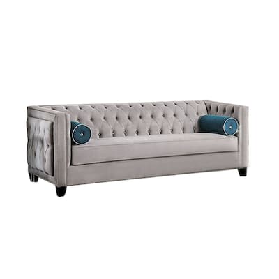 Velvet-like Fabric Sofa with Button Tufted Design in Gray