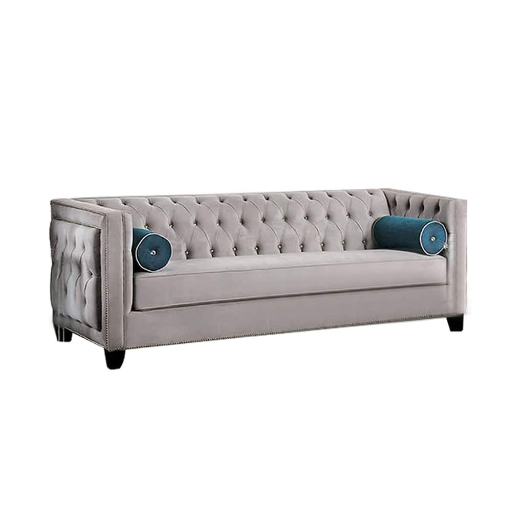 Velvet-like Fabric Sofa with Button Tufted Design in Gray