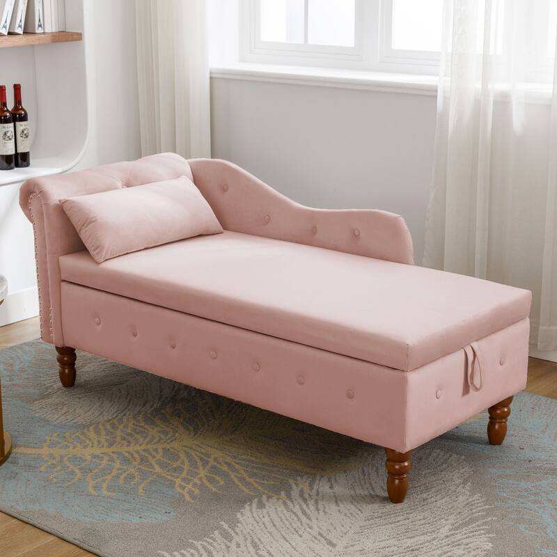 Pink Modern 58.26" Velvet Upholstered Buttons Tufted Chaise Lounge Chair with Storage and Wood Legs