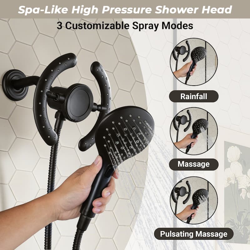Magnetic 2-in-1 Rainfall Shower System - 4-Spray 7.5 in. Wall Mount Dual Fixed and Handheld Shower Head in Matte Black