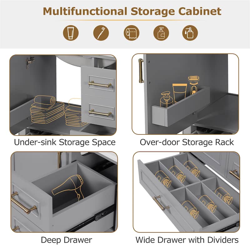 30inch Bathroom Vanity with Ceramic Sink, Soft-Close Door & 3 Drawers