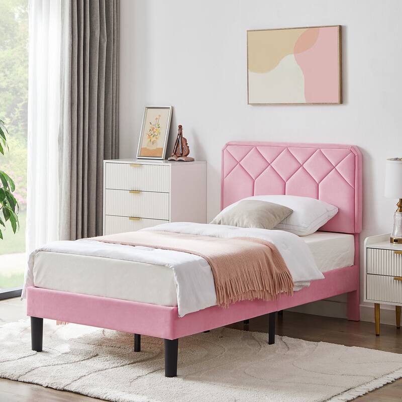VECELO Pink Velvet Upholstered Bed Frame with Adjustable Headboard No Box Spring Needed Under Bed Storage Platform Bed