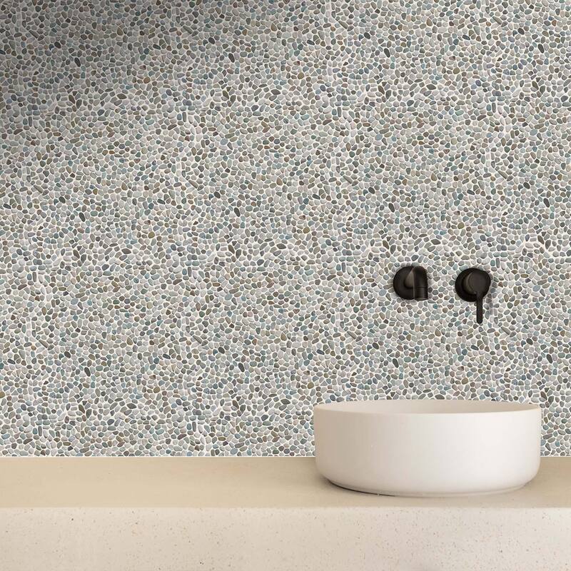 White Green Mini Pebble Mosaic Backsplash Tiles for Kitchen Walls, Shower Bathroom Floors 12" X 12" (11 Sqft per case)