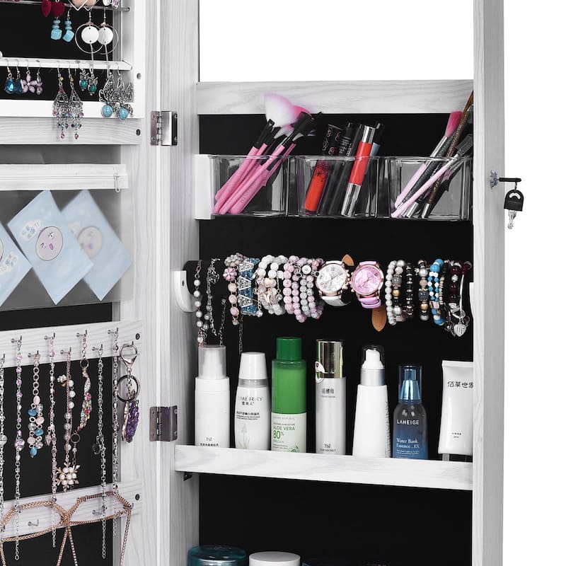Full Mirror Wood Grain White Jewelry Armoire Cabinet