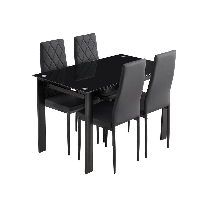 Modern Dining Set with Rectangular Table & High Back Grid Upholstered Chairs