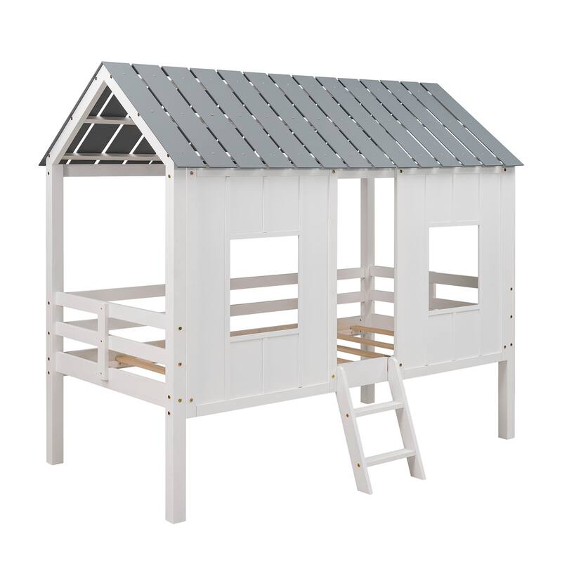 Twin Size Low Loft House Bed - White with Roof & Two Front Windows