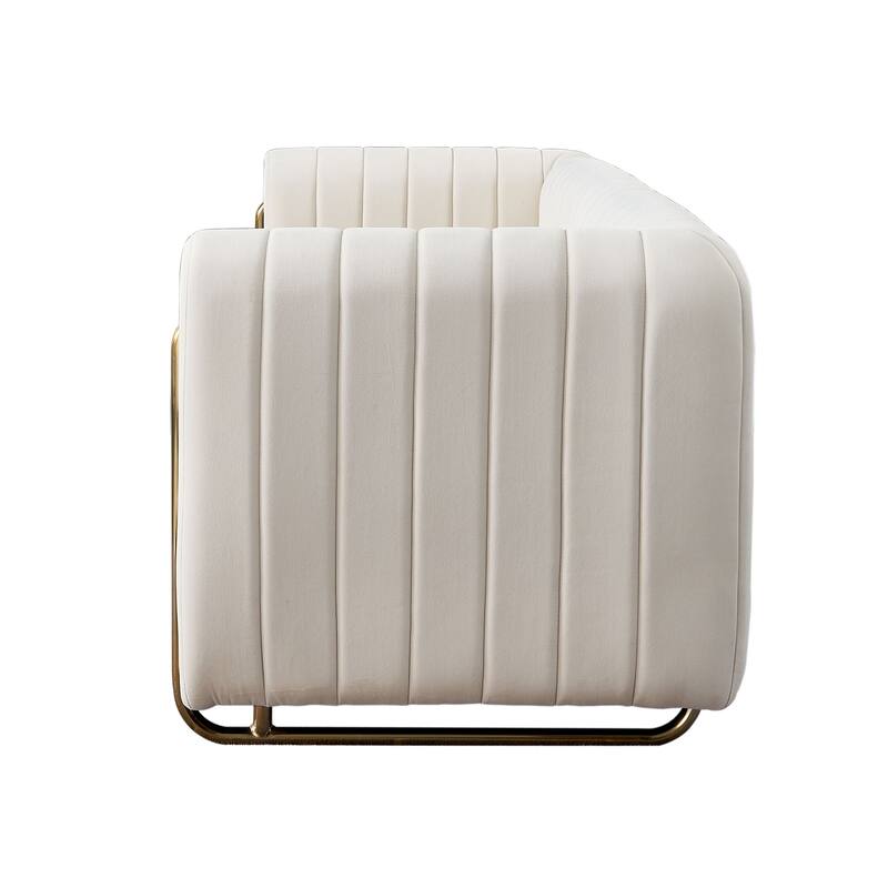 Modern Velvet Sofa with Channel Tufting & Gold Steel Legs - 3 Seater Couch