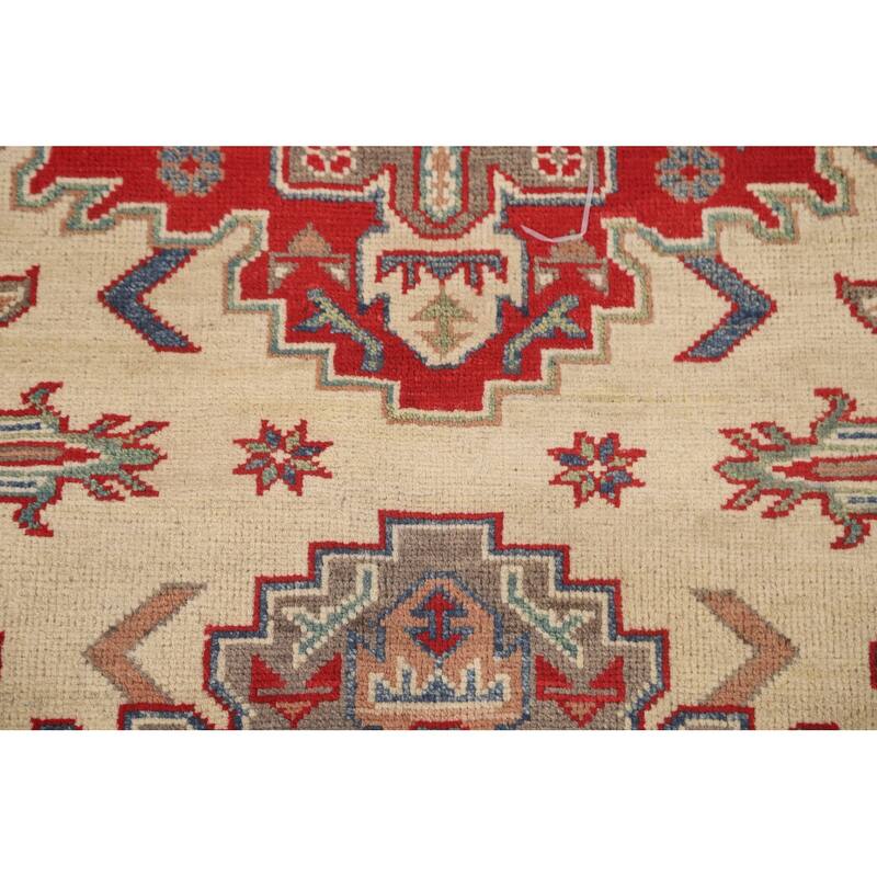 Geometric Kazak Area Rug Handmade Beige Wool Carpet - 4'10" x 6'6"