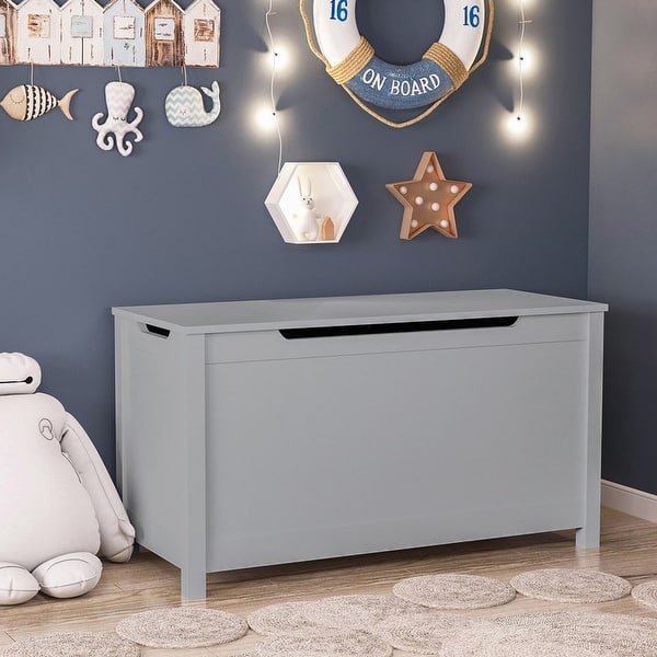 slide 2 of 10, Kids Wooden Toy Box Storage with Safety Hinged Lid for Ages 3+ (Gray) Light Grey