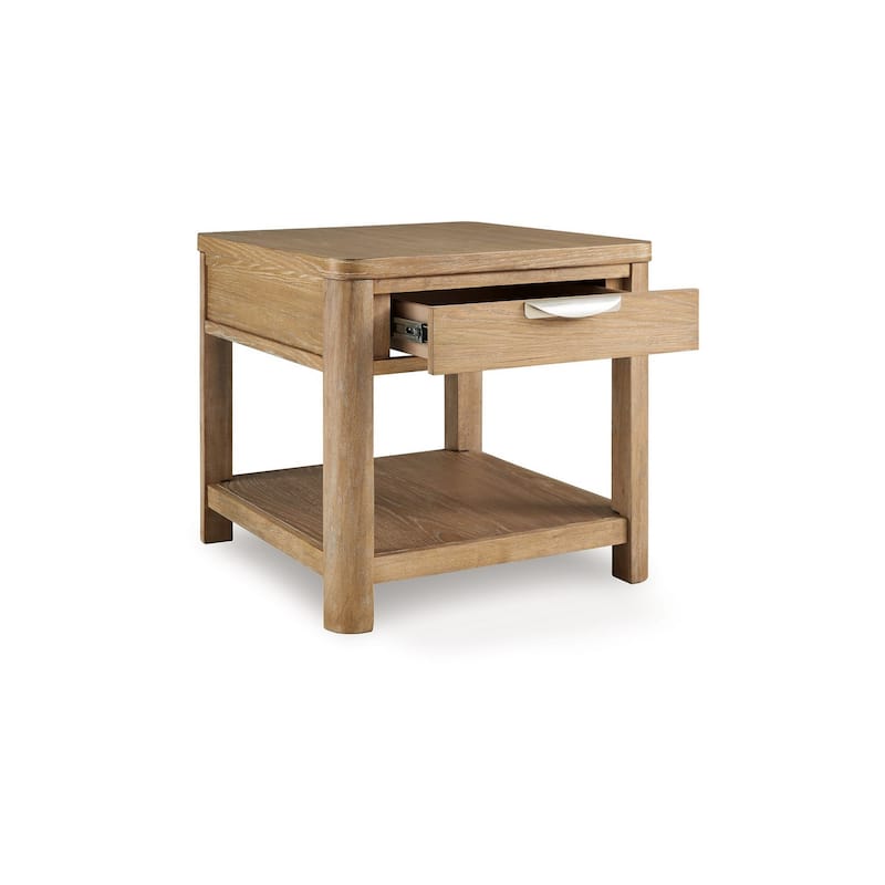 Renie Side End Table, 1 Drawer, Open Shelf, 26 Inch Light Brown Wood