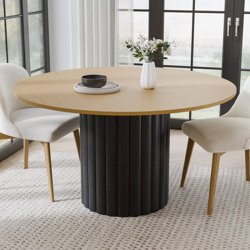Solid Wood Round Dining Table Kitchen Table with Tabletop & Textured Cylindrical Base