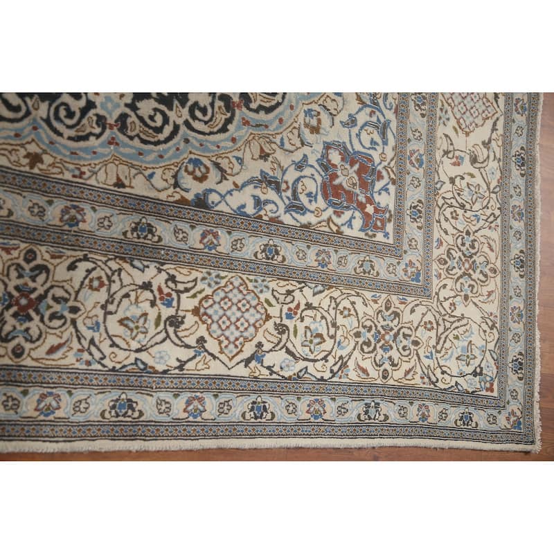Hand Knotted Oriental 100% Wool Carpet Traditional Floral Black Nain Area Rug - 11' 9'' X 7' 11''