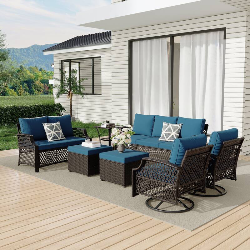 Outdoor Wicker Patio Set w Swivel Chairs & Sofa, Ottomans and Tables, Modular 3/5/6/7-Piece, All-Weather Conversation Set.