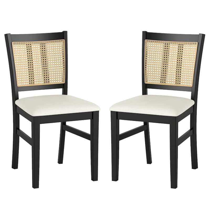 Set of 2 Upholstered Kitchen Chairs with Rattan Backrest Wooden Frame and Comfortable Seat Cushions - 17.5" x 21" x 34"