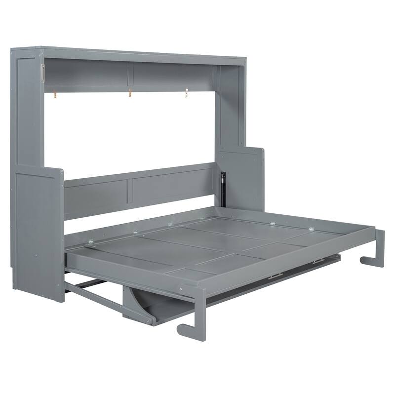 Space-Saving Queen Murphy Bed with Hydraulic Lift & Foldable Desk in Gray