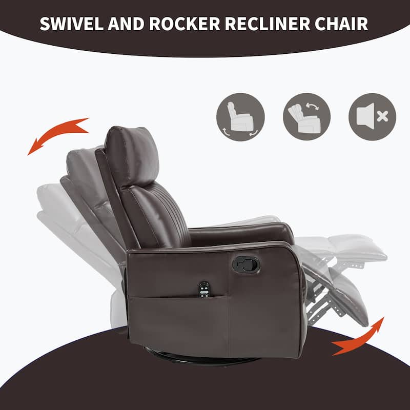 Leather Heat Massage Manual Recliner Chair with Rocker and Swivel in Fabric for Living Room