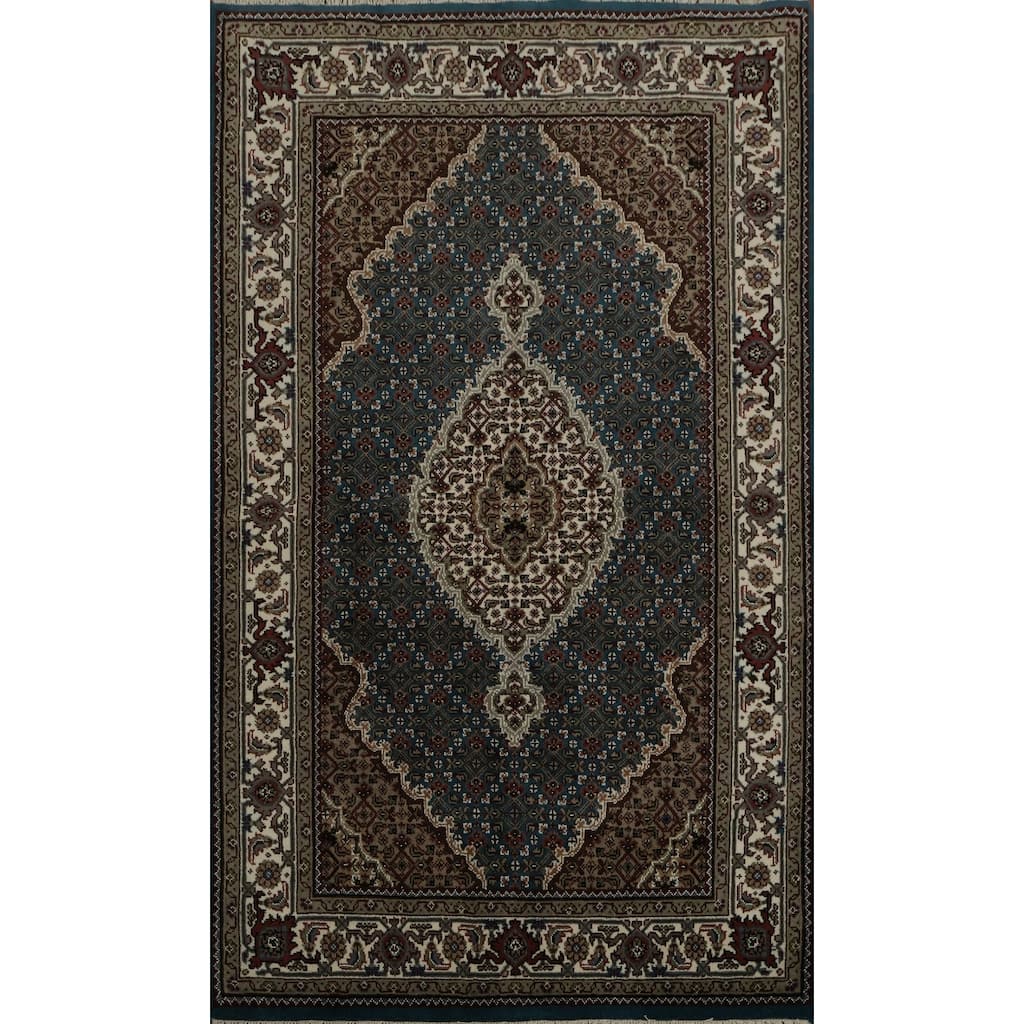 Hand Knotted Oriental 100% Wool Carpet Traditional Floral Navy Blue & Blues Tabriz-Mahi Area Rug - 5' 9'' X 3' 9''