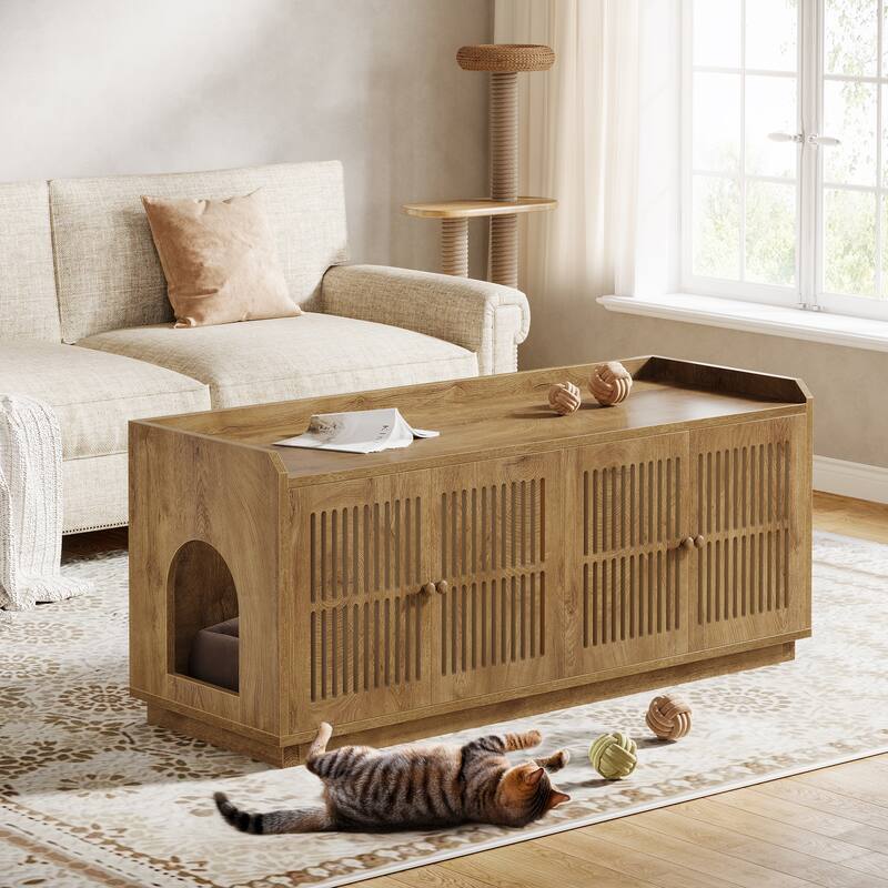 2 Cats Litter Box Enclosure, 55.1-Inch Extra Large Hidden Litter Box Furniture, Wooden XL Cat Washroom Furniture with Storage