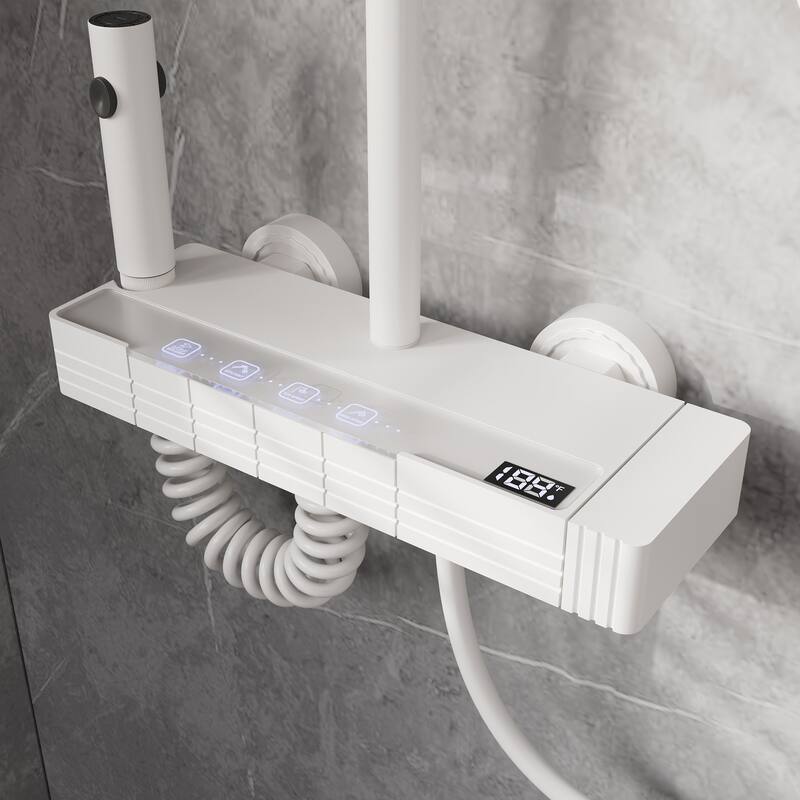 White Thermostatic Shower System with Digital Display, 4 Function Rainfall Shower Head CEC Certified Aluminum Shower Faucet Set