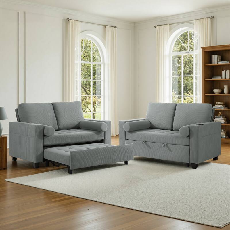 2 Set Corduroy Convertible Sleeper Sofa Bed Loveseats with Cup Holder, USB Ports
