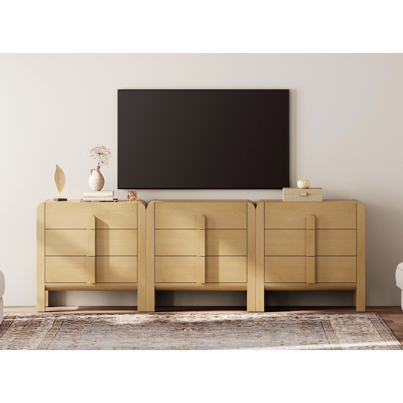 WAMPAT Modern 9 Drawer Dresser TV Stand For Tvs Up To 100 Inch, Cruved Entertainment Center, Wood TV Console With Storage