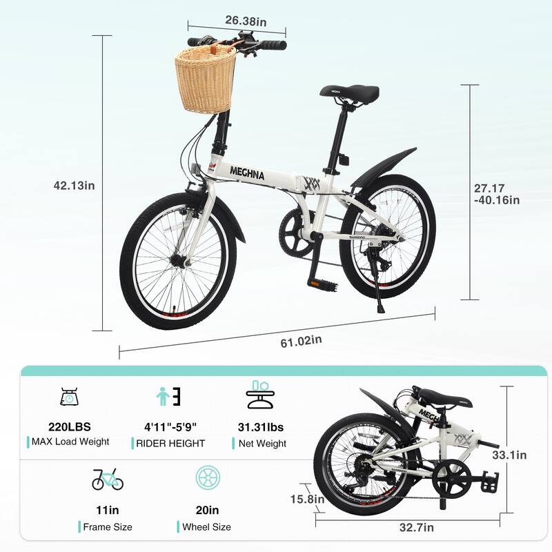 20 Inch Folding Bike, 6-Speed City Commuter Bicycle with Basket & Dual V-Brake, Portable Compact Bicycle, Steel Frame for Teens