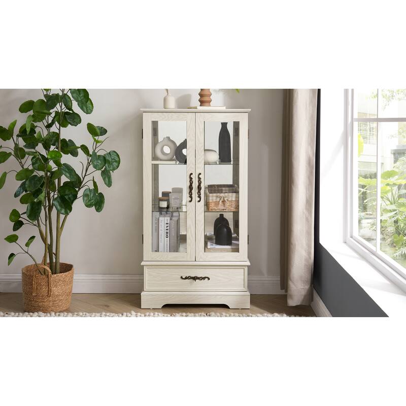 Lighted Glass Curio Cabinet with Adjustable Shelves - Elegant 2-Door Display Cabinet & Built-in Drawer, Includes Bulb