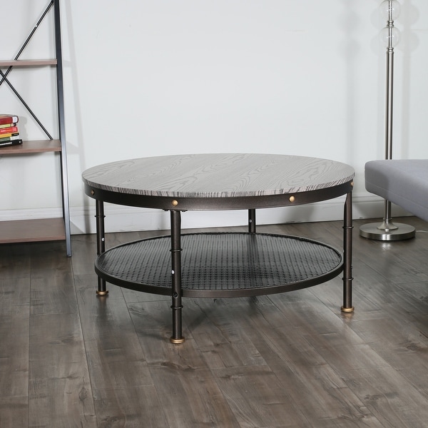 Deford Walnut Round Wood and Metal Coffee Table - 37.75" x 37.75" x 17.75". Opens flyout.
