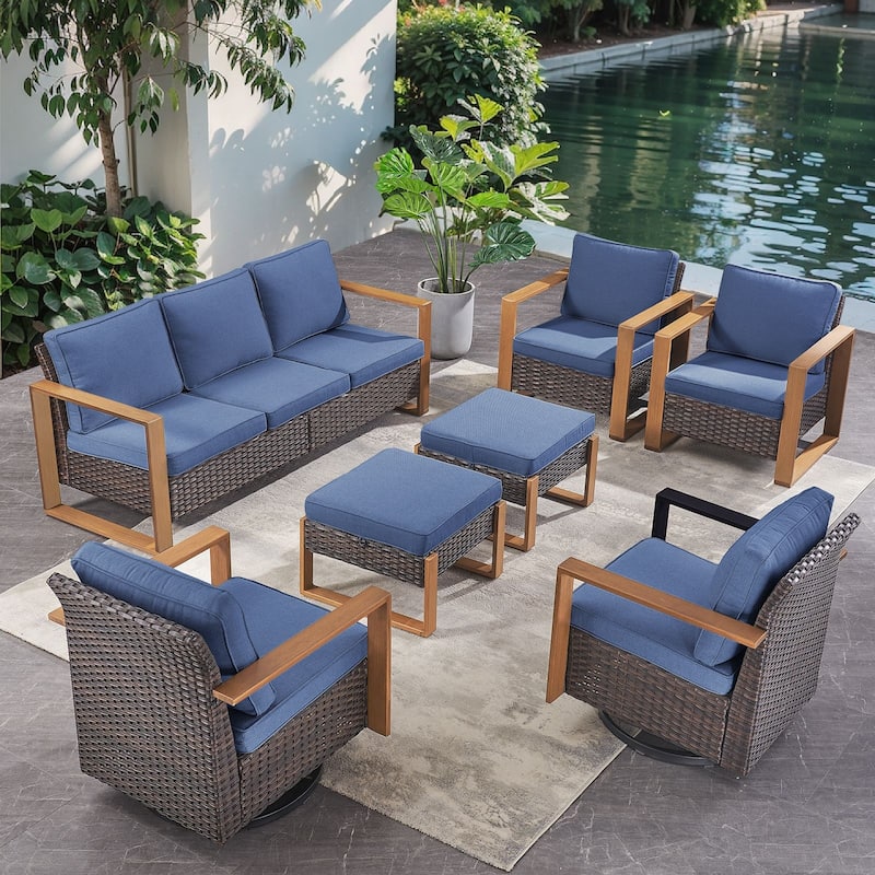 Pocassy 7 Pieces Outoor Patio Sofa Swivel Chair Ottoman Set - Blue cushion - Brown Wicker
