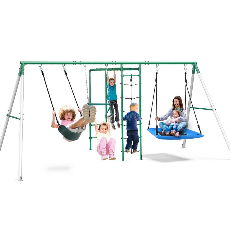 5 IN 1 Metal Swing Sets for Backyard with 2 Swings, Climbing Net, Trapeze Bar