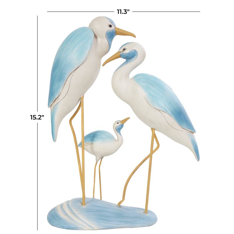 Polystone Bird Family Sculpture with Yellow Accents - Light Blue - Roche River Decor - 5"W x 11"L x 15"H