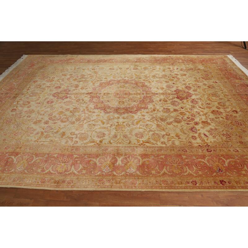 Hand Knotted Oriental 100% Wool Carpet Traditional Floral Beige & Ivories Tabriz Area Rug - 11' 0'' X 8' 4''