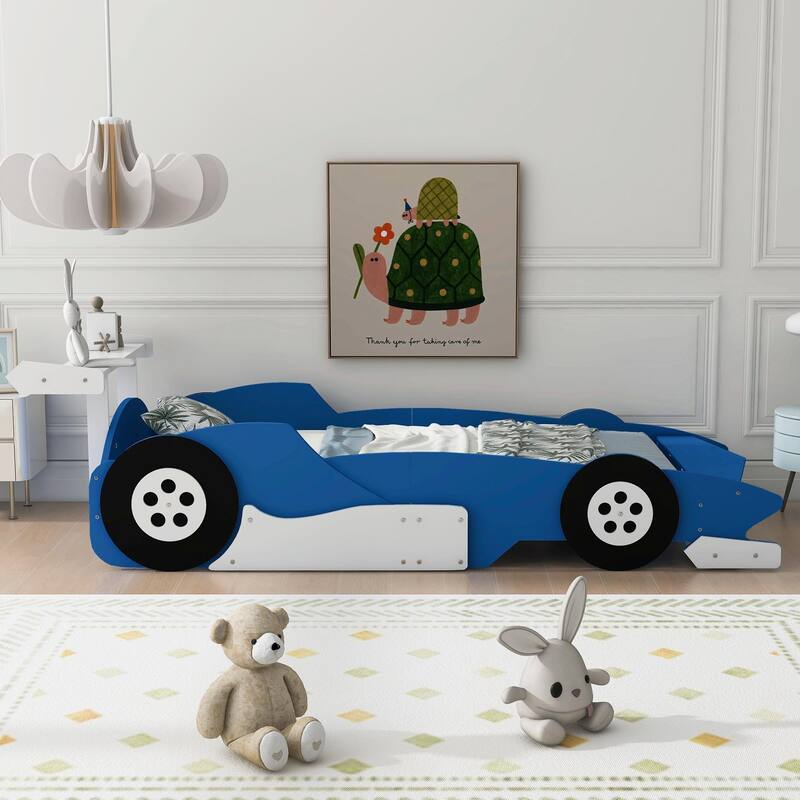 Race Car-Shaped Platform Bed with Wheels
