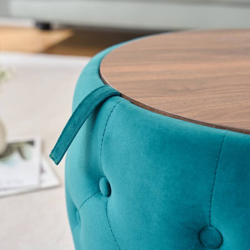 Luxurious Nesting Ottomans of 2, Round Storage Foot Stool with Wood Tray