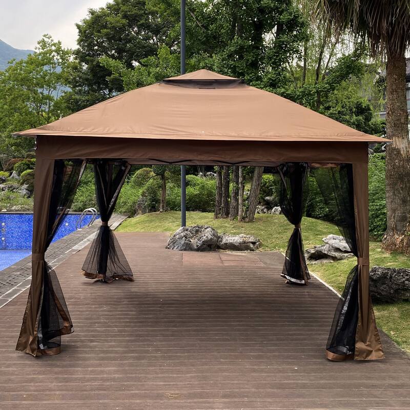 Outdoor 11x 11Ft Pop Up Gazebo Canopy With Removable Zipper Netting, 2-Tier Soft Top Event Tent For Patio with 4 Sandbags
