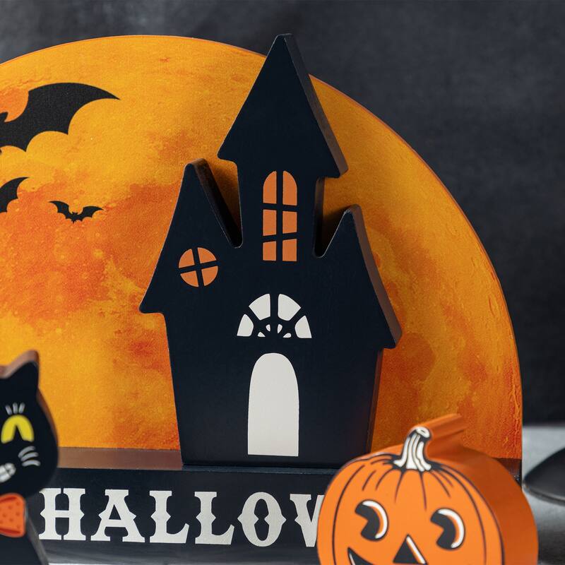 Glitzhome Set of 5 Wooden HAPPY HALLOWEEN Decorative Moon Table Signs with Black Cat, Jack O Lantern, Ghost and Haunted House