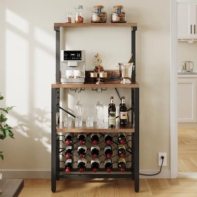 Freestanding Floor Wine Rack Table with Power Outlet Bottle Shelf and Glass Holder Home Bakers Rack