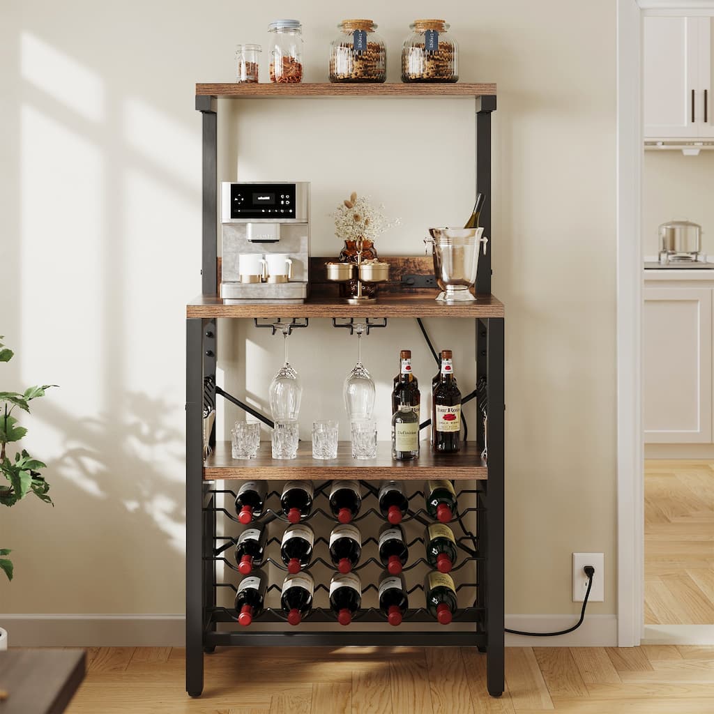 Freestanding Floor Wine Rack Table with Power Outlet Bottle Shelf and Glass Holder Home Bakers Rack