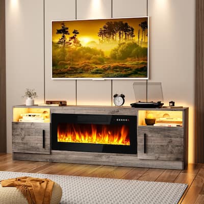 Bossin 70" Fireplace TV Stand with 36" Electric Fireplace, TV Stand for TVs Up to 80", 16 Colors LED Lights/Entertainment Center