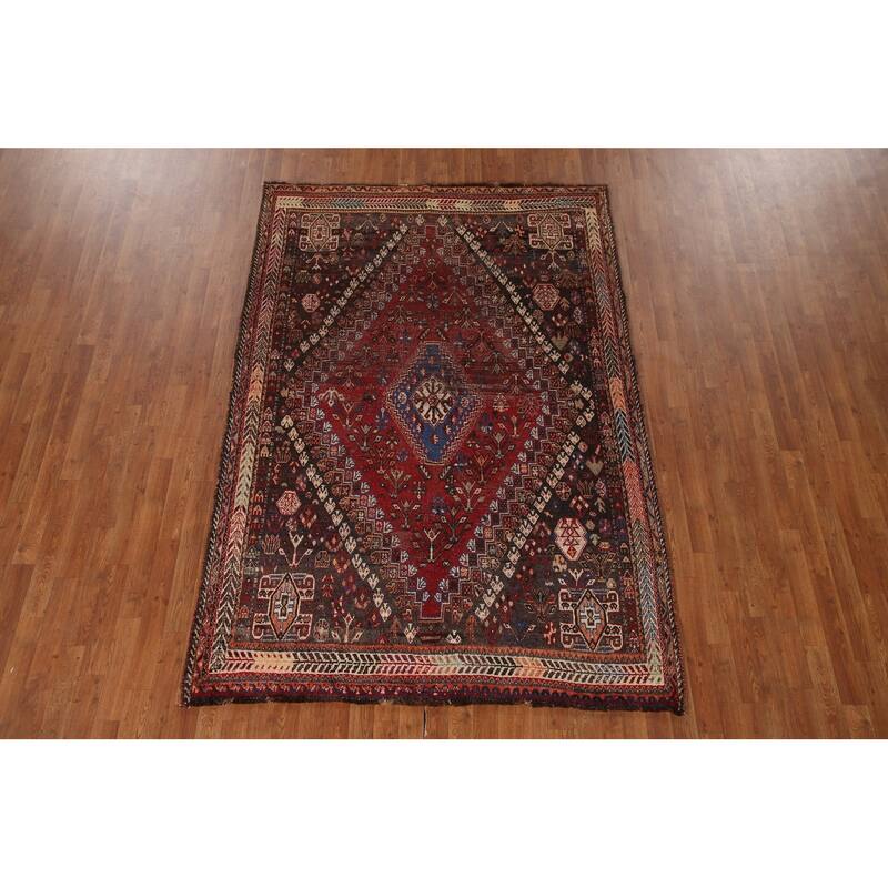 Vegetable Dye Shiraz Persian Antique Area Rug Hand-Knotted Wool Carpet - 5'7"x 8'2"