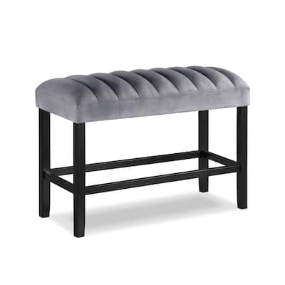 1pc Gray Black Counter Height Bench Dining Room Velvet Fabric Upholstery Kitchen Dining Wooden Furniture
