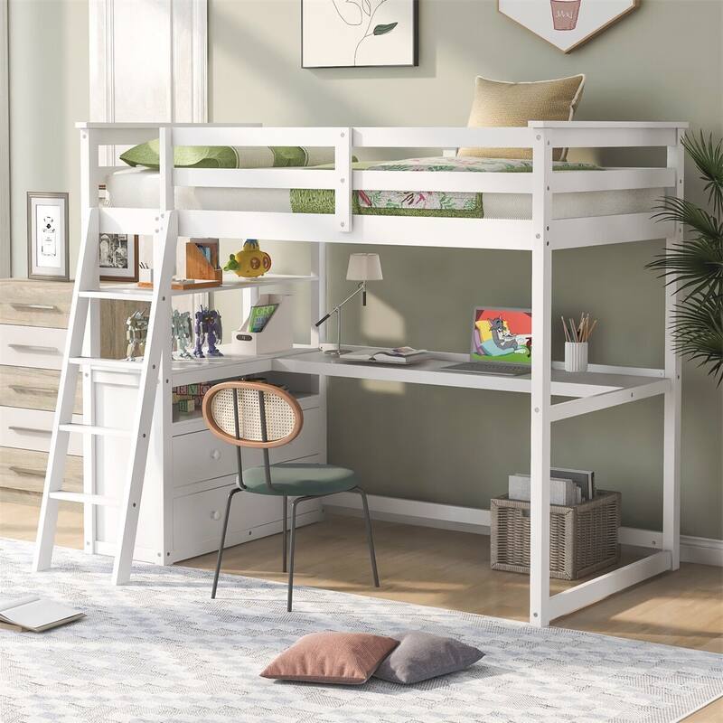Merax Wood Loft Bed with Desk, Shelves and Drawers