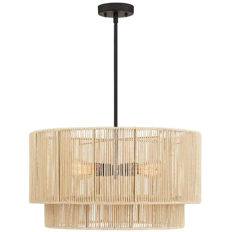 4-Light Rattan Tiered Drum Chandelier Light with Black Canopy - 22'' W