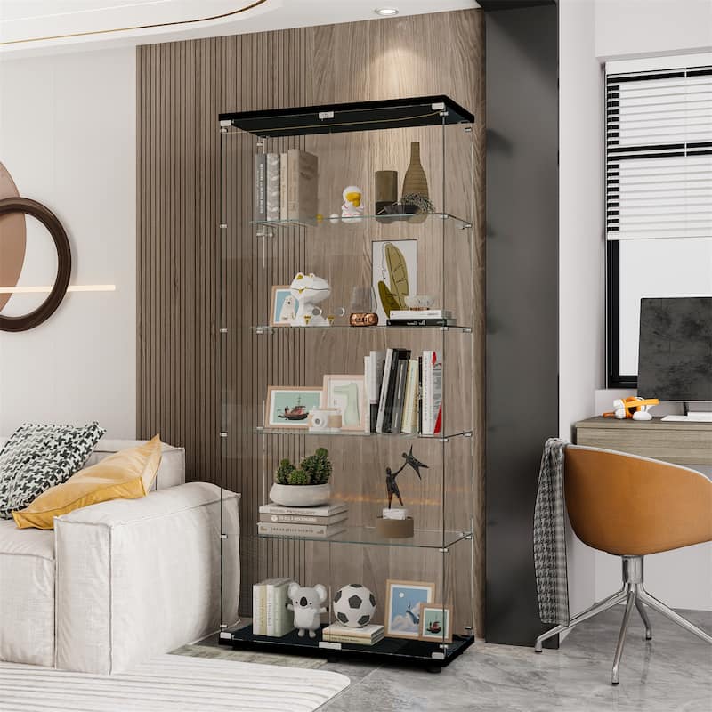 Glass Floor Standing Display Cabinet with 5 Shelves Double Door - Black