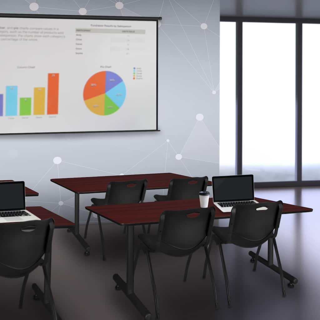 66" x 30" Training Table- Mahogany and 2 "M" Stack Chairs- Black