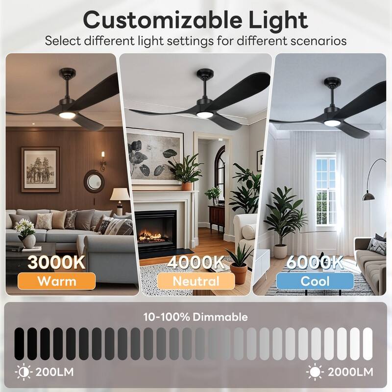 Indoor/Outdoor Ceiling Fan with Remote Control, 3-Blades Solid Wood Ceiling Fan for Bedroom Living Room